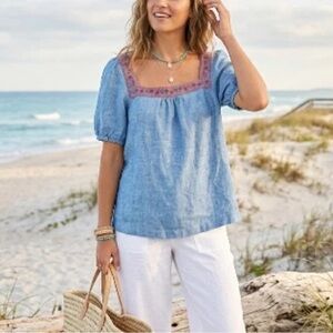 Boden Top 20/22 Blue Linen Embroidered Square Neck Puff Sleeve Shirt Boho